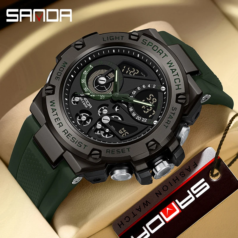 SANDA top-level Hot 9028 Men Watches Digital Watch Luminous 5BAR Waterproof Male Sport Watch Quartz Dual Display relogio