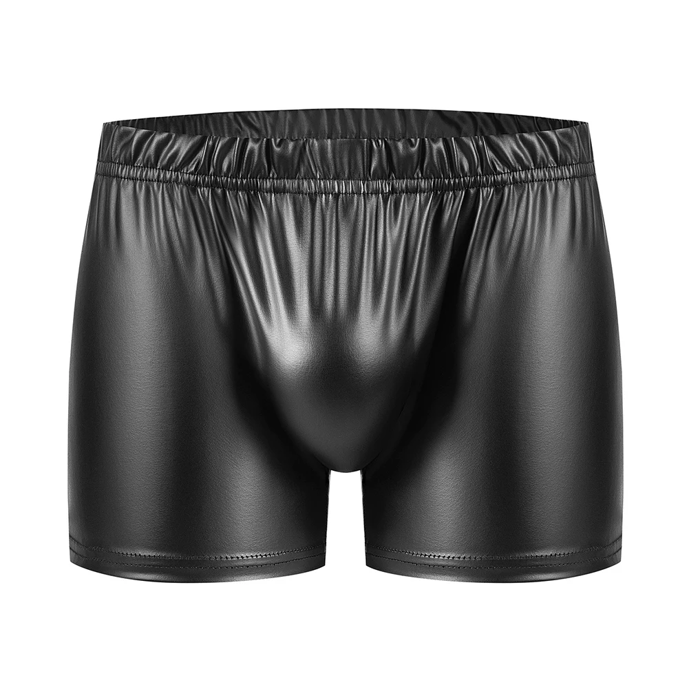 Bañador Sexy de piel sintética para hombre, ropa interior de aspecto húmedo, calzoncillos con bolsa para bulto, pantalones cortos de playa de cuero