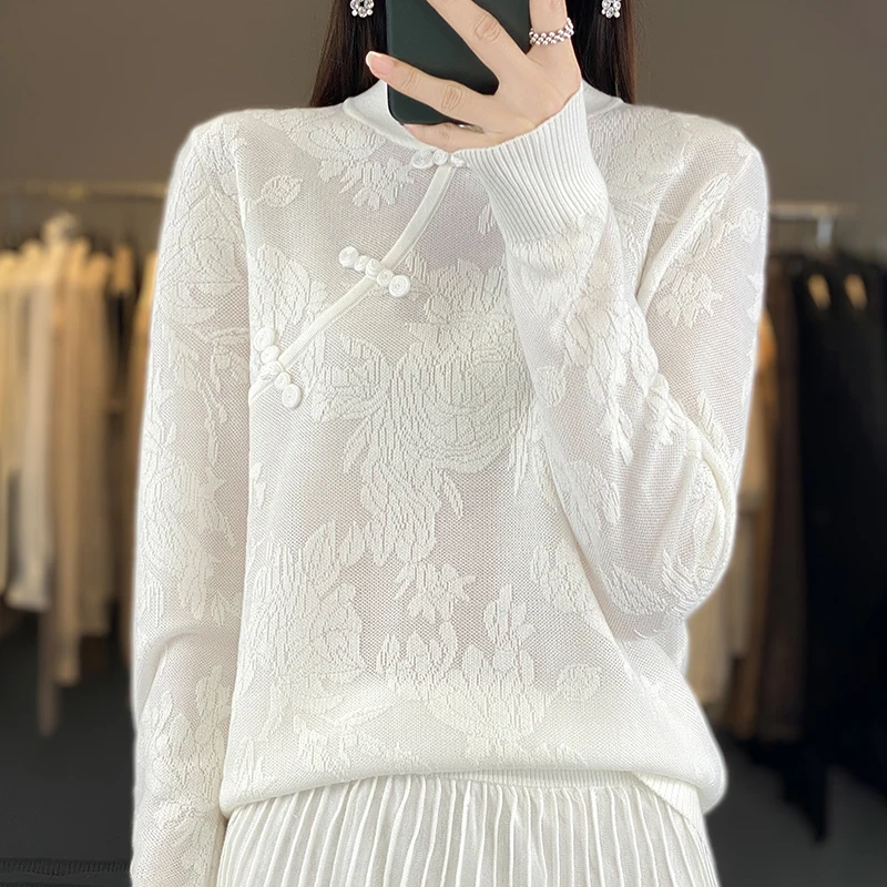 New Chinese style buckle spring/summer wool lace hollowed out women's half high collar Chinese pullover Blouse