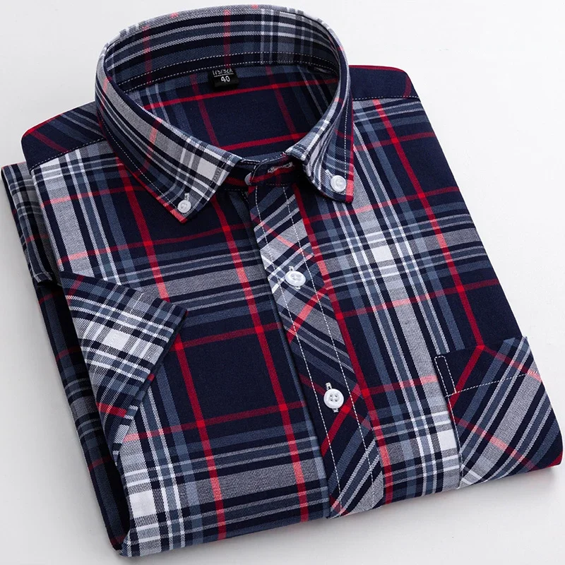 Summer Cotton Plaid Short Sleeve Shirts For Men Plus Size Regular Fit Classic Young Boy England New Style Shirts Man\'s Clothing