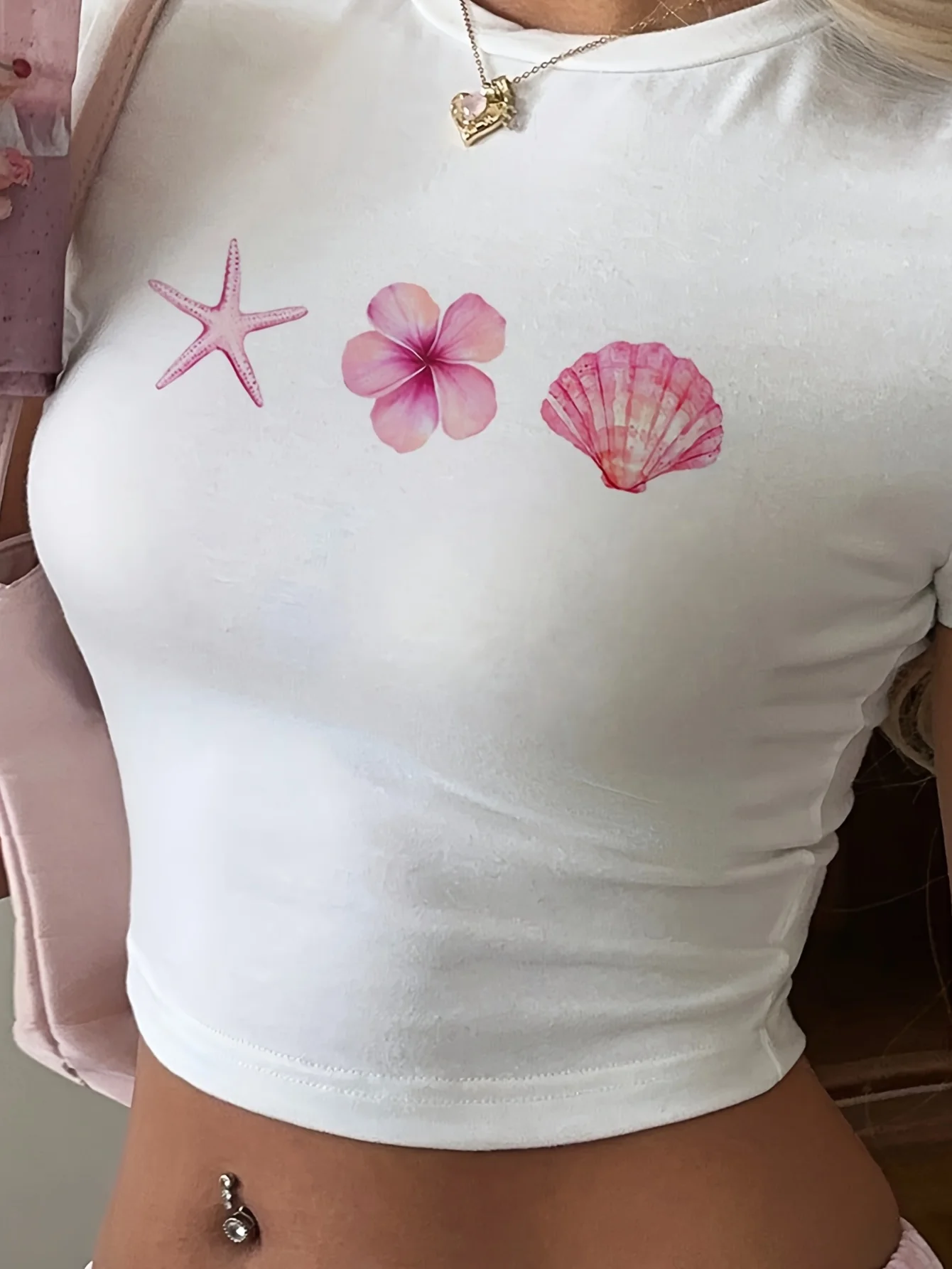 Camisa corta de playa con estampado de estrella de mar y concha floral, top corto Y2K, Top de manga corta para primavera y verano, ropa de mujer