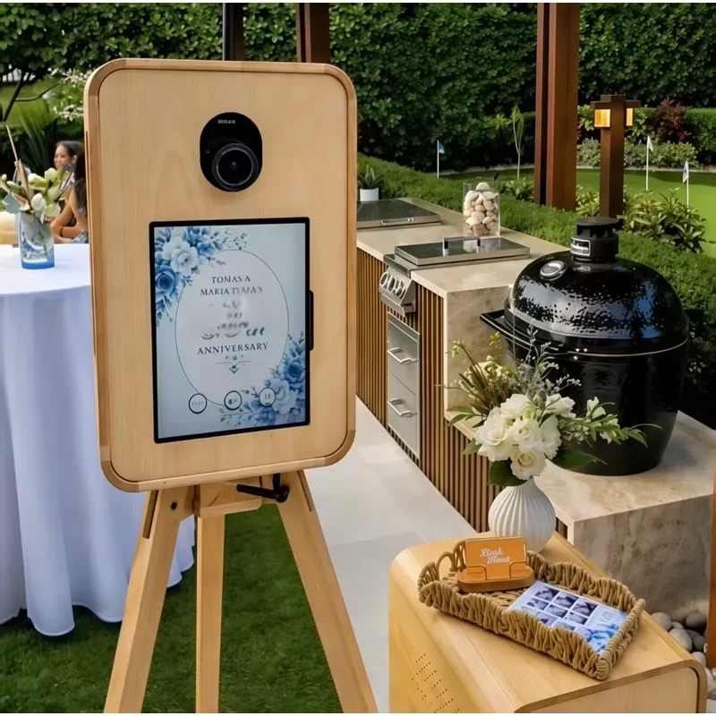 Double Sided Retro Wooden Photo Booth Self Printing Touchscreen Control Seating for 10 People Durable Construction 2 Year