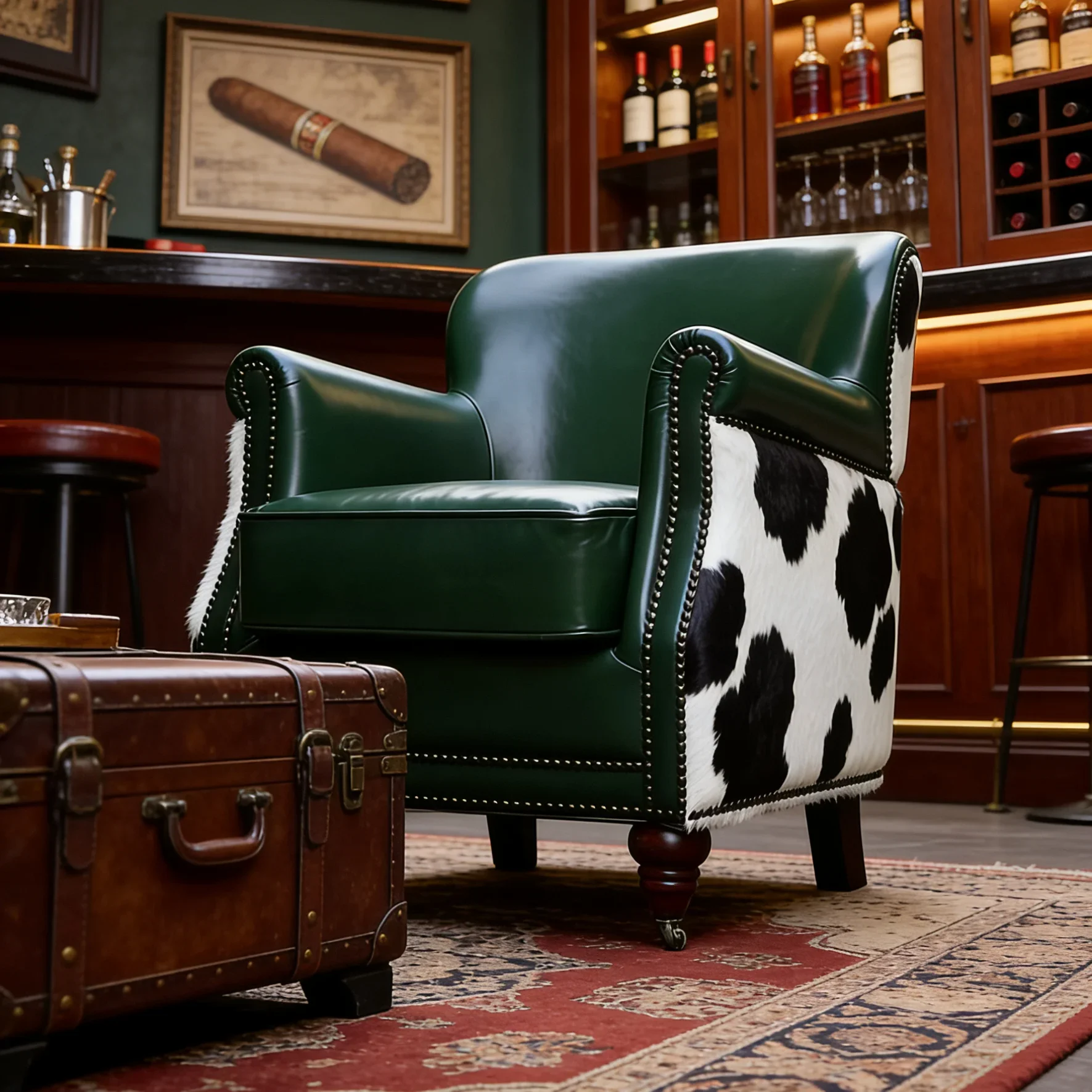 American retro oil wax leather sofa single chair, living room light luxury rivet decoration single chair green