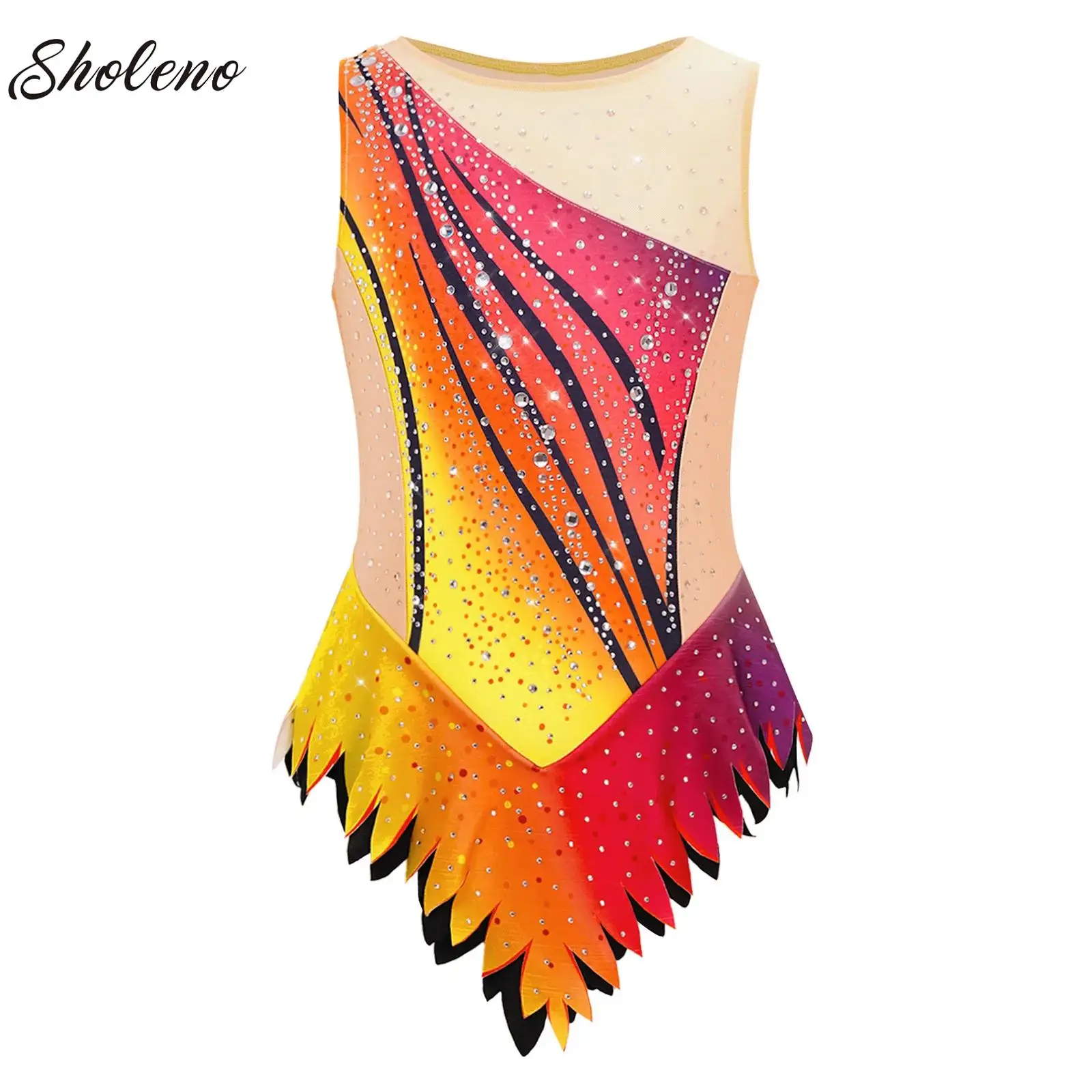 Kids Girls Artistic Figure Skating Rhythmic Gymnastics Leotard Dress Shiny Rhinestones Contrast Color Dress Performance Clothes