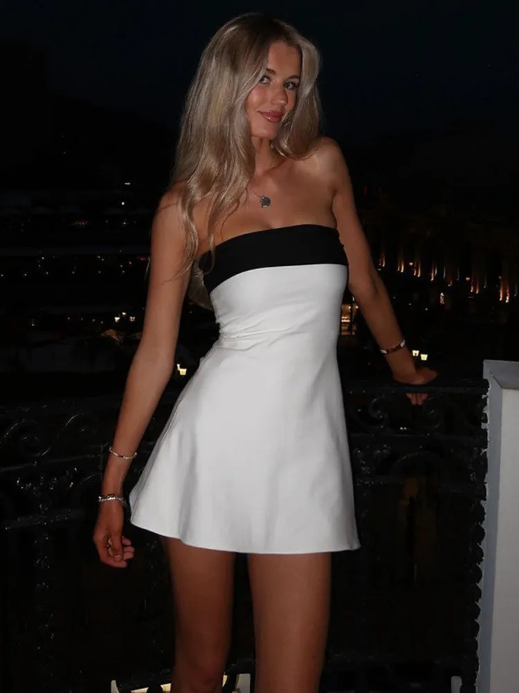 Mozision Off-shoulder Strapless Sexy Mini Dress For Women Robe Patchwork Backless Sleeveless High Waist A-line Club Party Dress