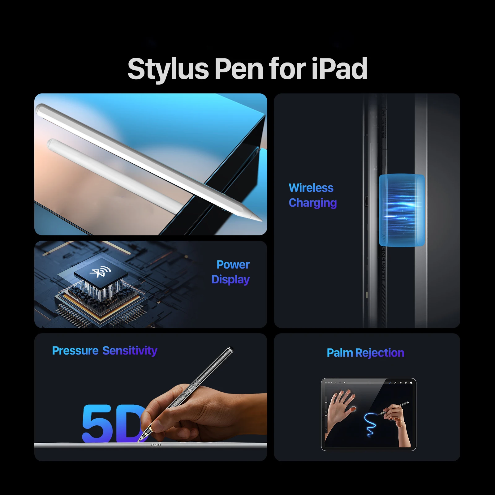 قلم لمس مناسب لجهاز iPad (2018 - 2023)، قلم مغناطيسي سريع الشحن، يتميز بحساسية الميل ووظيفة استبدال اليد
