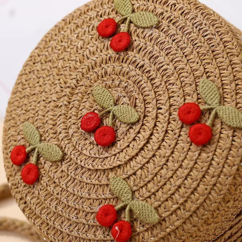 Faltbare gewebte Strohtasche für Kinder, Sommer-Schultertaschen für Mädchen, rote Kirschen, Kinderhandtaschen, Strand- und Reisetaschen, kleine Geldbörsen – Detail 10