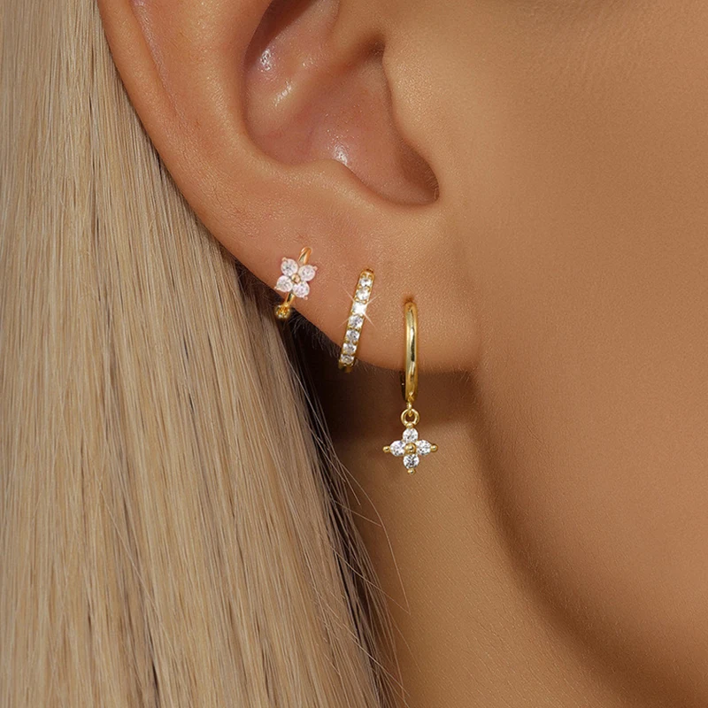 3PCS Trendy Stainless Steel Flower Drop Earring Set For Women Crystal Zirconia Dangle Earring Hypoallerg Piercing Jewelry aretes