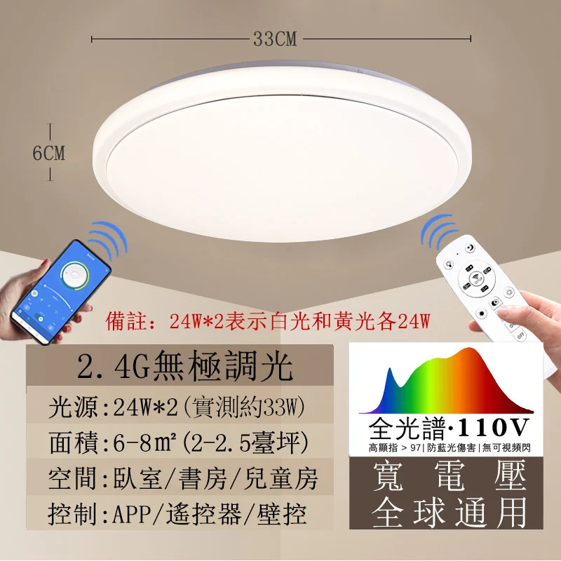 85-265V ceiling lamp for simple bedroom use, household circular remote control with continuous dimming, hallway and study lamp