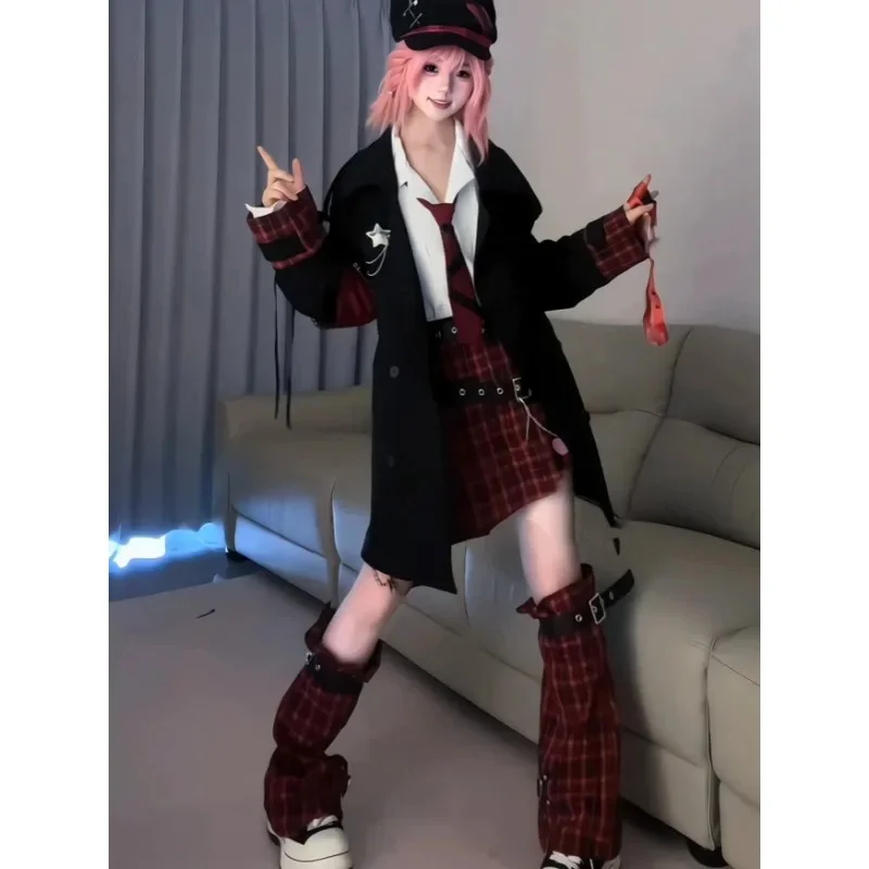Japanese Y2k Subculture 2pcs Vintage Turn Collar Slim Fit Long Sleeve Top High Waist Red Plaid Pleated Mini Skirt Christmas Set