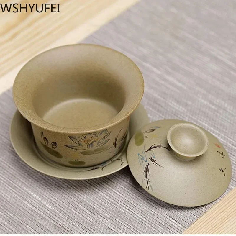 WSHYUFEI Jingdezhen ceramic Gaiwan bowl Chinese style Stoneware retro tea set Handmade Bubble tea bowl Travel Tea cup 150ml