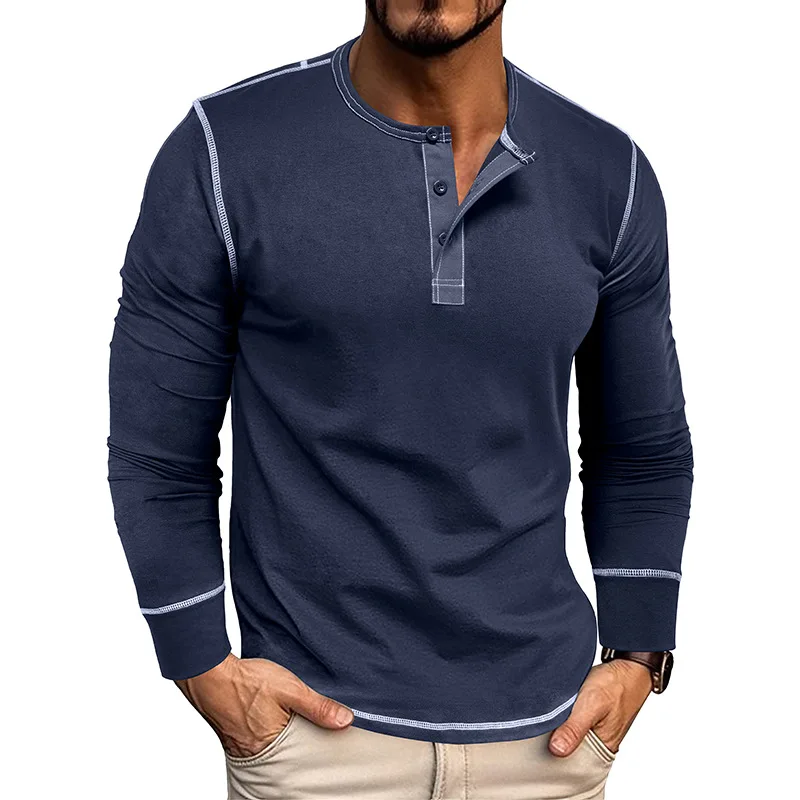 

Autumn and Winter Solid Color Long-sleeved Henry Shirt Men's Round Neck T-shirt Color-blocking Top Simple Casual T-shirt