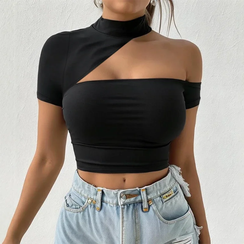 

Футболки весна-лето модные сексуальные асимметричные вечерние футболки с коротким рукавом и бретелькой на шее для женщин