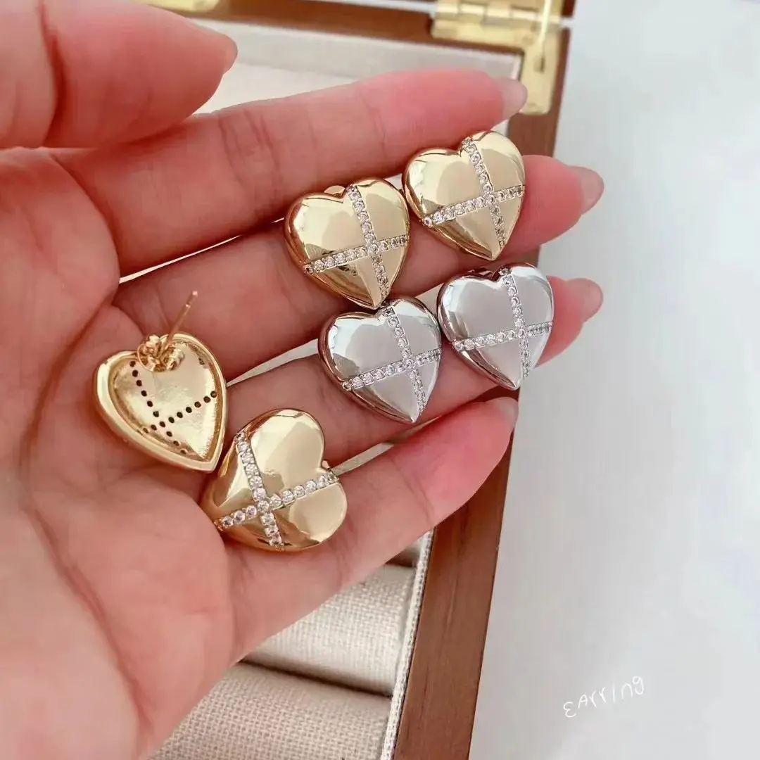 

5 Pairs, Cubic Zirconia Copper Heart Stud Earrings for Women Gold Color Romantic Trendy Jewelry Gift New