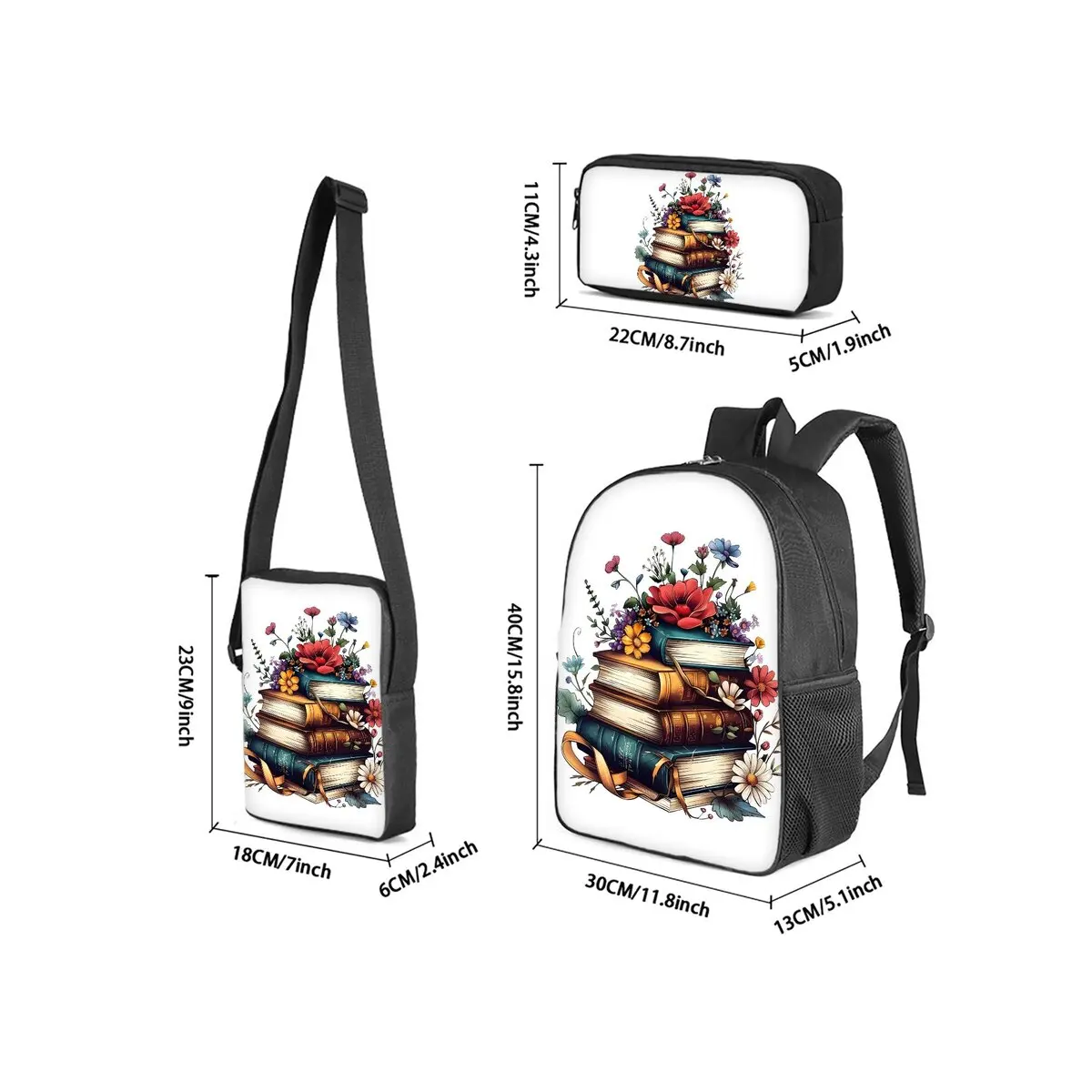 Book Print 3Pcs/Set Backpack with Messenger Bag ,Pencil Bags for Boy/Girl Best Gift Cartoon Student School Bags