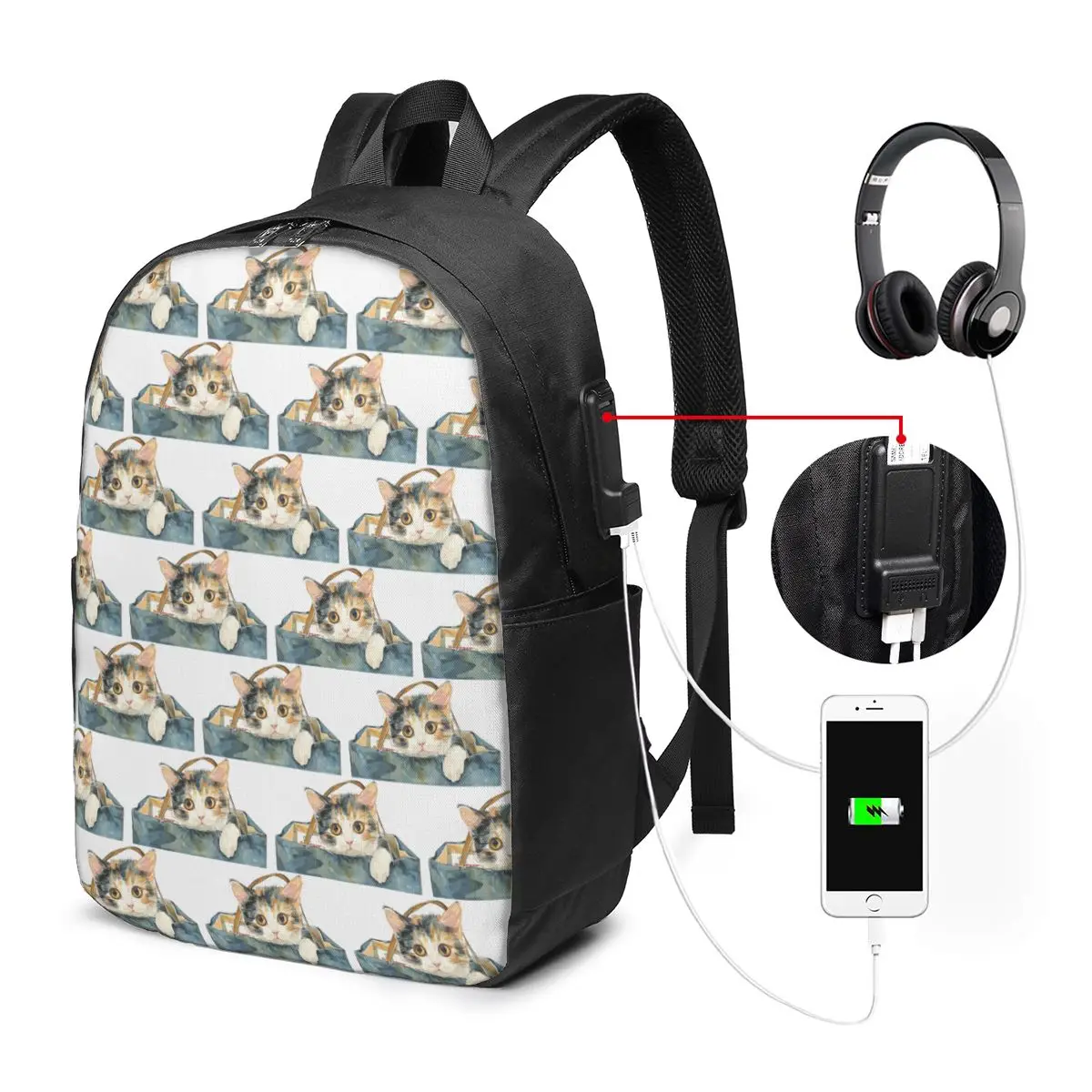 Kawaii Cartoon Cat In Bag Print Backpack Travel Notebook Bag Computer College Student School Bag Laptop Shoulder Bags Men Women