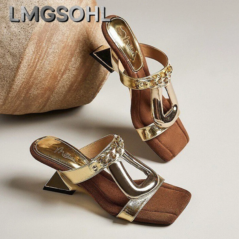 

Women's Sandals Square Toe Slippers Chain High Heels Shoes Woman Summer 2025 Luxury Brand Open Toe Party Shoes Mujer Sandalias