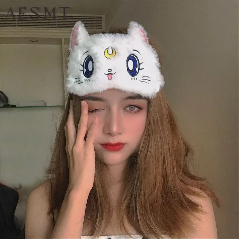 Cartoon Anime Cosplay Kawaii Accessories Warrior Luna Cat Plush Eye Mask Glossy Eye Shade Sleep Goggles No Ice Bag Eye Mask@0Z*
