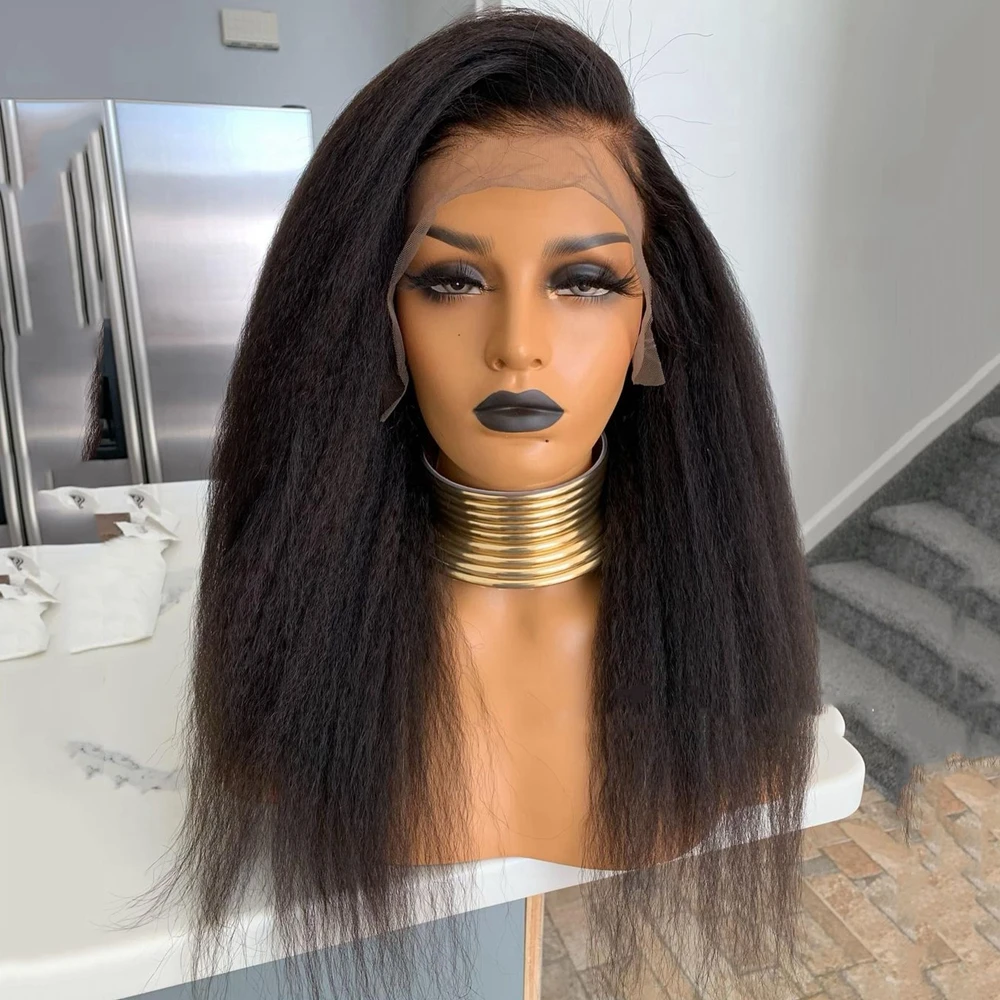 Perruque Lace Front Wig Yaki crépue longue noire, 26 pouces, densité 180, cheveux de bébé, pre-plucked, sans colle, degré de chaleur 03/