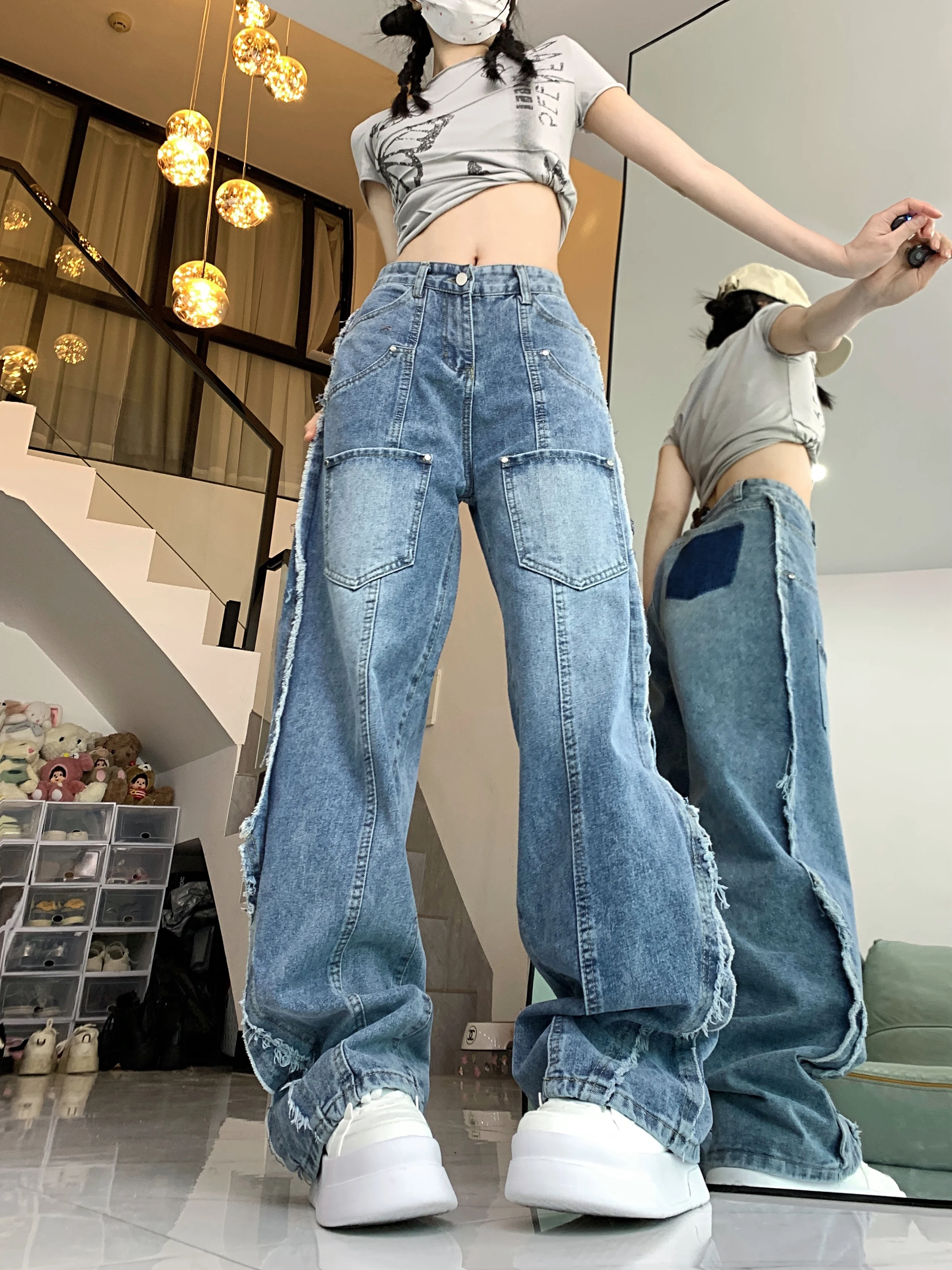 Jeans blu da donna Harajuku estetica Vintage Streetwear pantaloni larghi in Denim Oversize Y2k pantaloni larghi di Jeans 2000s vestiti alla moda