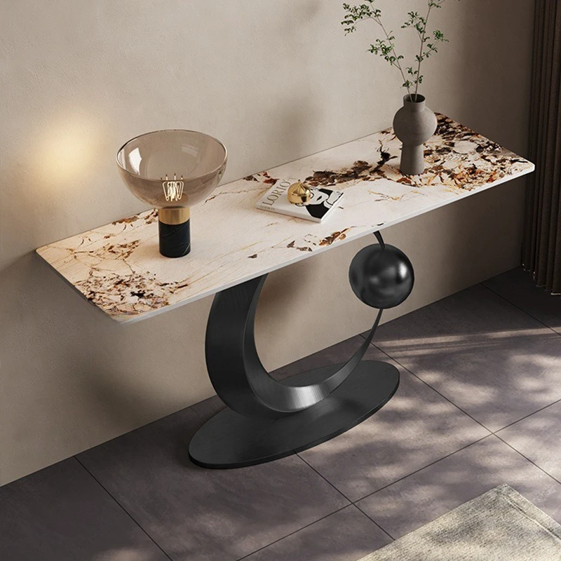 طاولة مدخل إيطالية فاخرة من الفولاذ المقاوم للصدأ على شكل نصف قمر، طاولة مدخل بسيطة للممر والممر والرخام