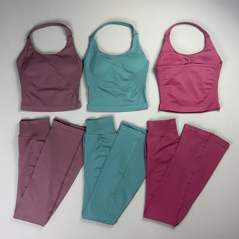 2Pcs HISTELLO Fitness Flare Set Women Quick Dry Halter Tank Top Tummy Control Hip Lift Sexy Gym Training Running Sports Outfit