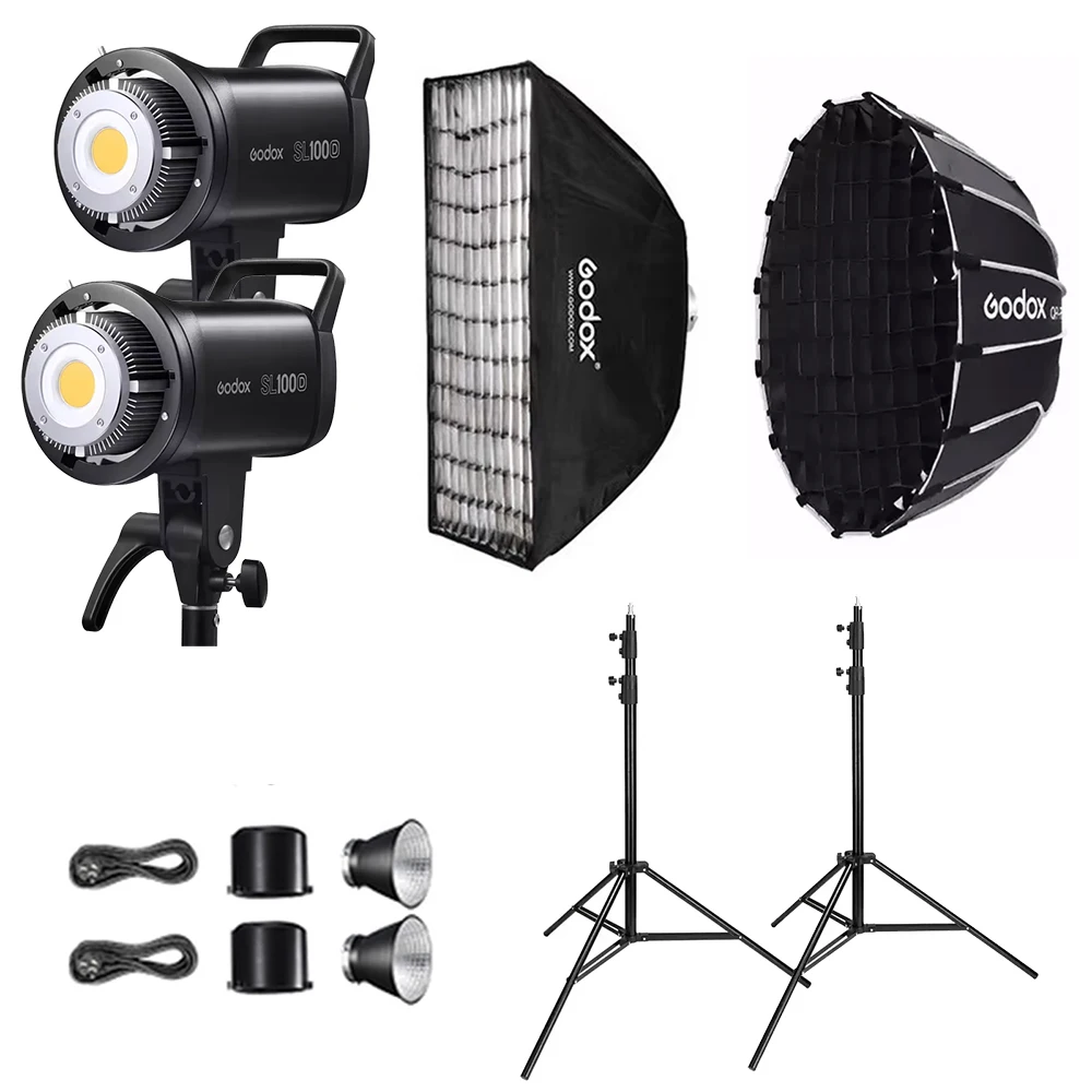 Godox SL100D Photo Dual LED Light Professional Video Studio Light with 2.8m Stand 60*90cm Softbox QR-P60T Soft Box Lighting Kit