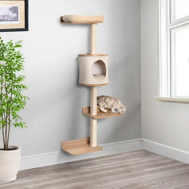 PawHut 4-Level Wall-Mounted Cat Tree Activity Tower, Wall Cat Shelves with Sisal Ropng Posts, Cat Condo and Bed, Light Brown