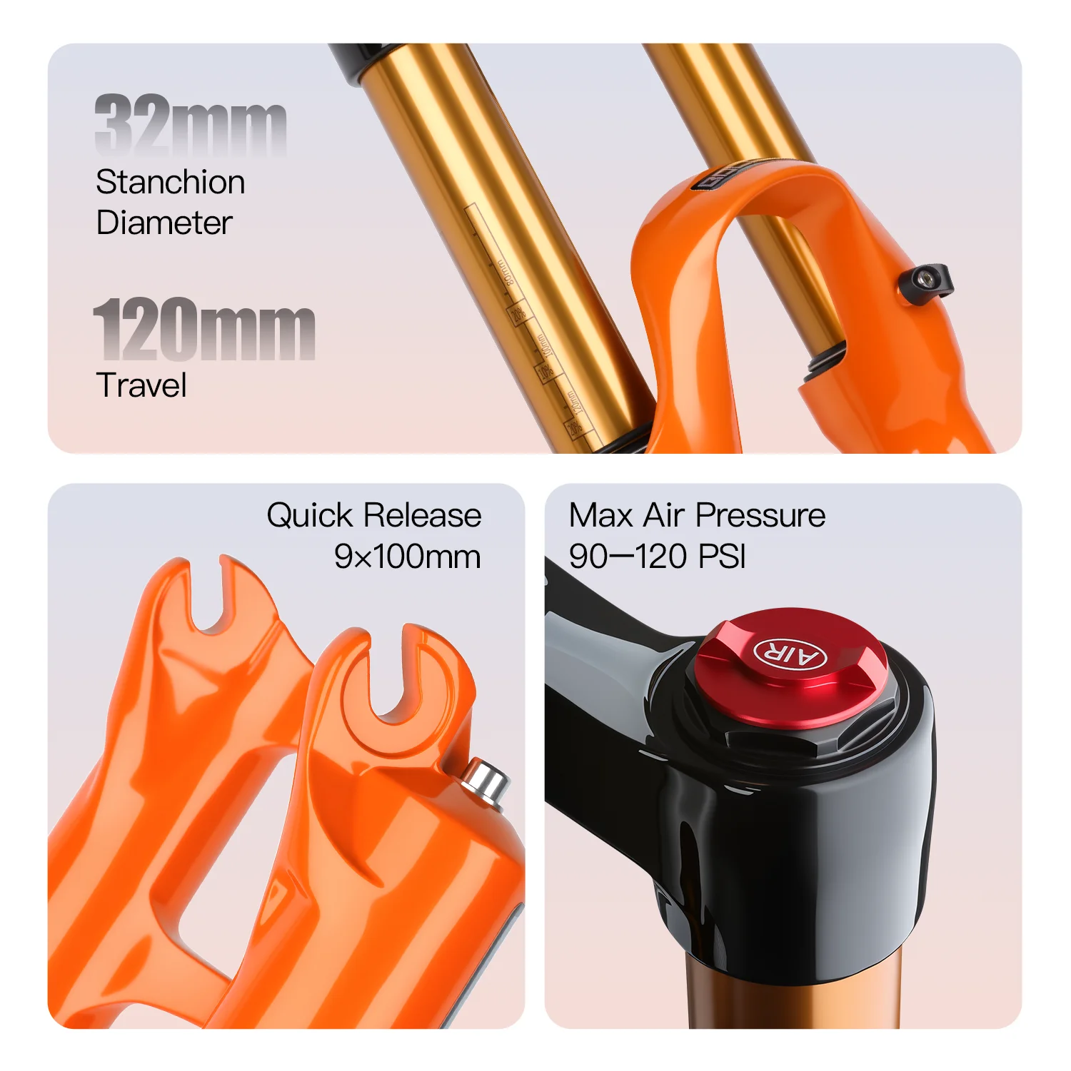 BOLANY Bike Fork Solo Air Orange MTB Bicycle Front Suspension Straight/Tapered RL/LO 26/27.5/29inch Magnesium Alloy QuickRelease