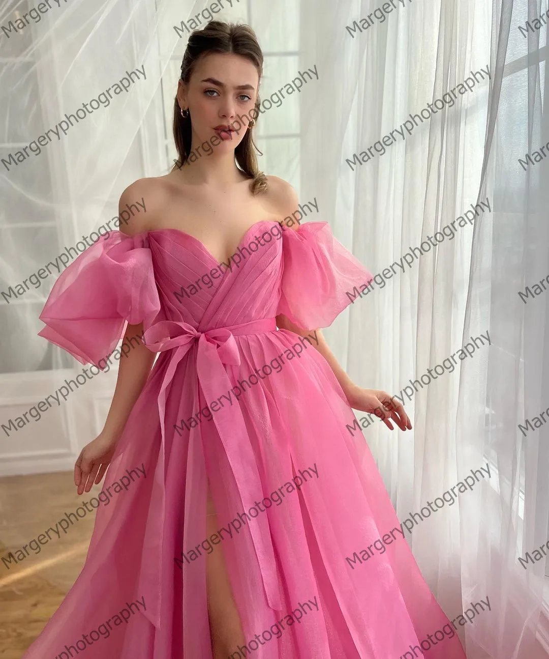 Princess Organza Puffy Prom Dresses Puff Sleeves V Neck Long Girls Graduation Party Gowns Pretty Fluffy Peach Pink Pageant Dress