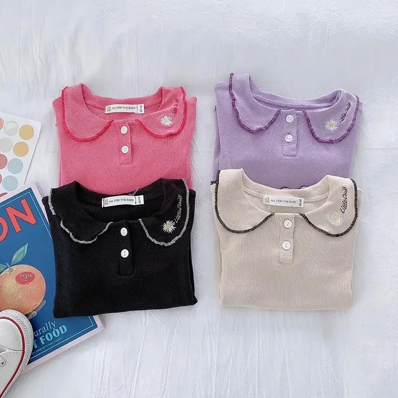 Kids Girls Cute Casual T-shirts 2024 New Arrival Children Korean Japanese Style Cotton Tops Spring Autumn Beige Undershirts