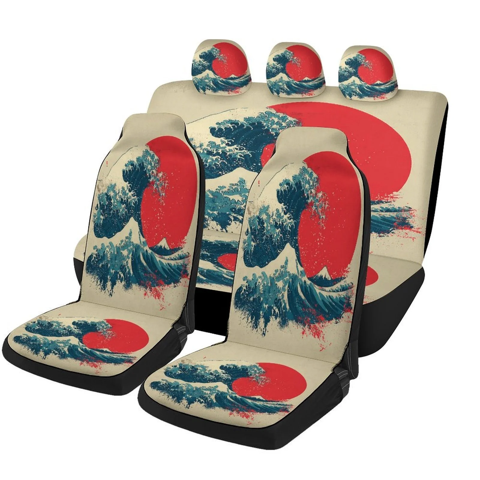 Wave And Sun Themed Car Seat Cover Set For Most Cars, Decorative Trendy High-quality Car Seat Protector Covers Full Set, Car Se