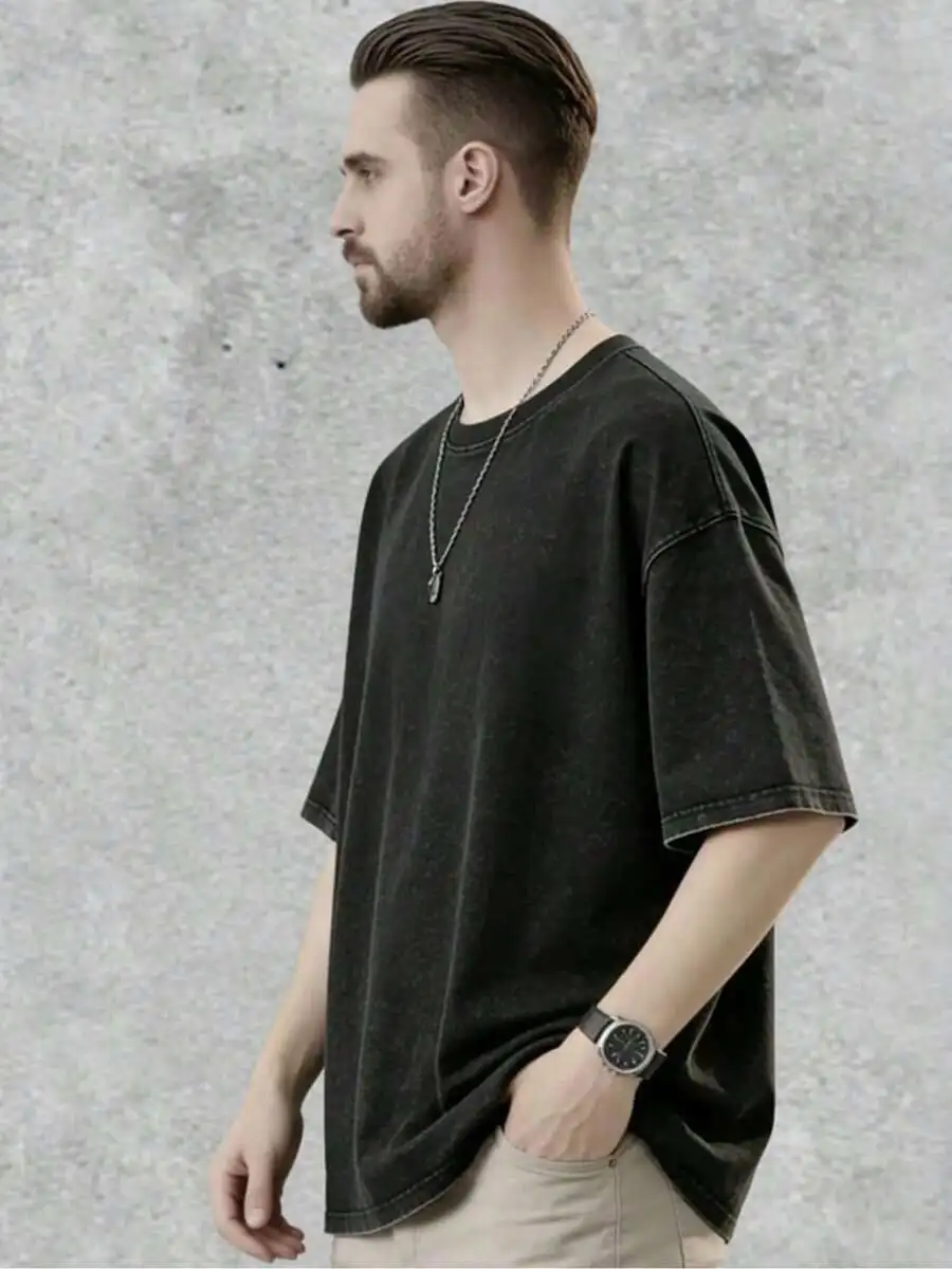

Washed Heavy Cotton Oversized Drop-Shoulder Tee American Retro Style Loose Short Sleeve Summer Shirt