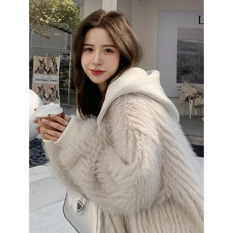 

2024 Fashion Autumn Winter Loose Casual Hairy Shaggy Soft Warm Faux Fur Coat Women with Hood Long Sleeve Zipper Korean edition