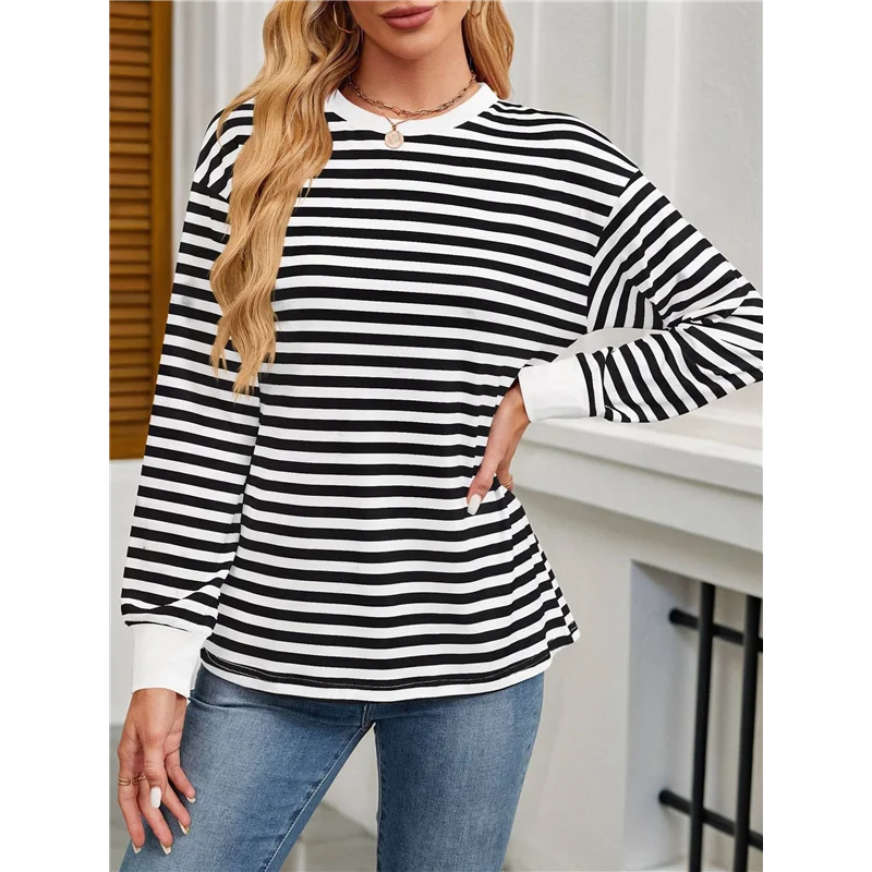 FX-Womens Tunic Tops Long Sleeve Striped Shirts Crewneck Tops