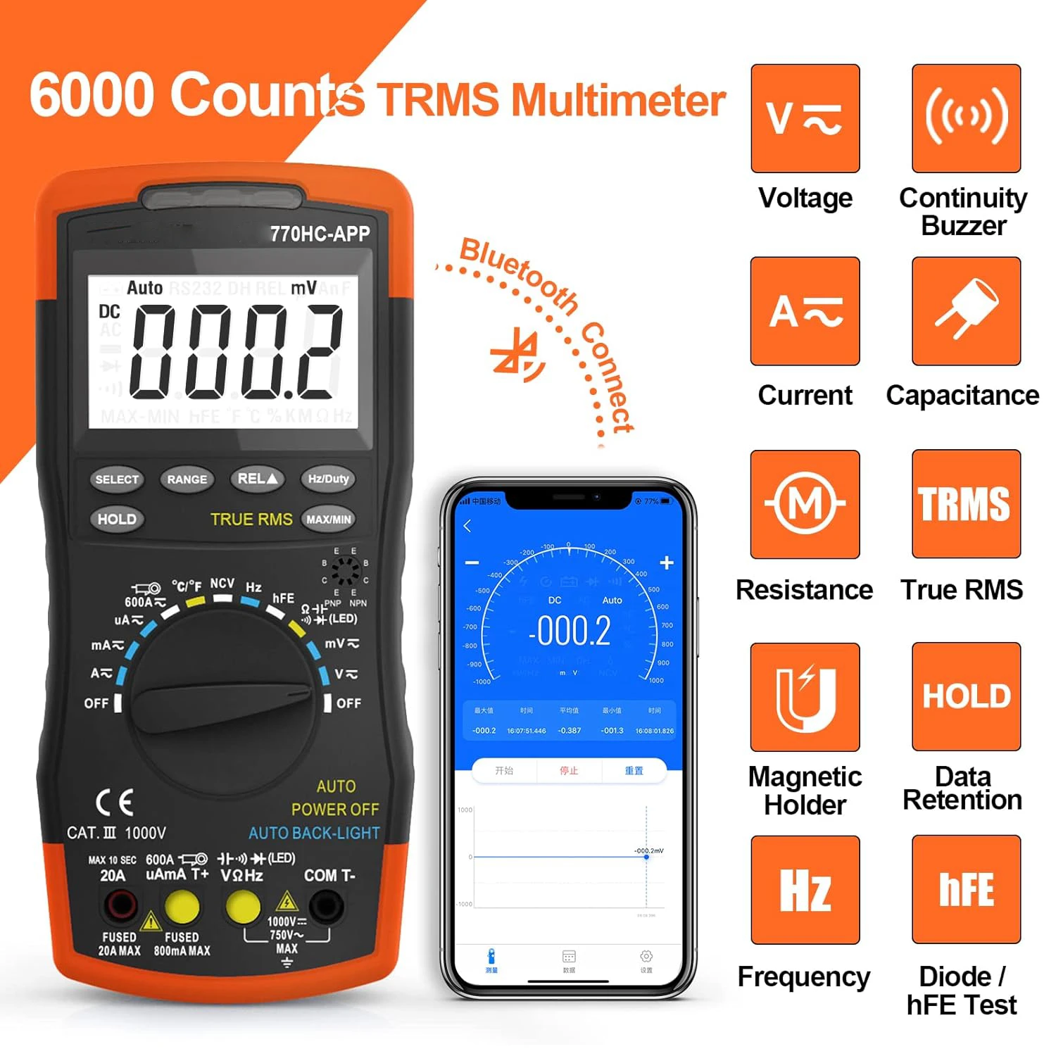 

770HC-APP TRMS 6000Counts AC DC Amp Meter Non Contact Auto-Ranging with Mobile APP Accurately Measures Volt Amp Resistance