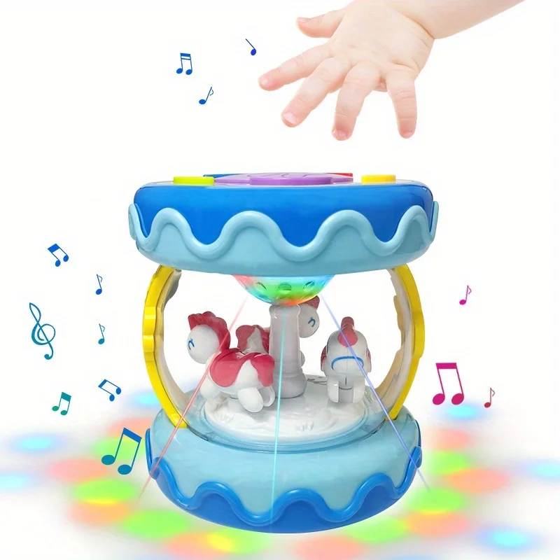 Tamburo musicale illuminato rotante Tummy Time da 6 a 12 mesi, giocattoli per strumenti musicali per bambini con luce musicale, giocattolo per tamburo per bambini
