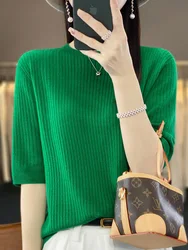 Spring and summer new fashion short sleeve cashmere women's sweater 100% pure merino wool O-neck pullover T-shirt