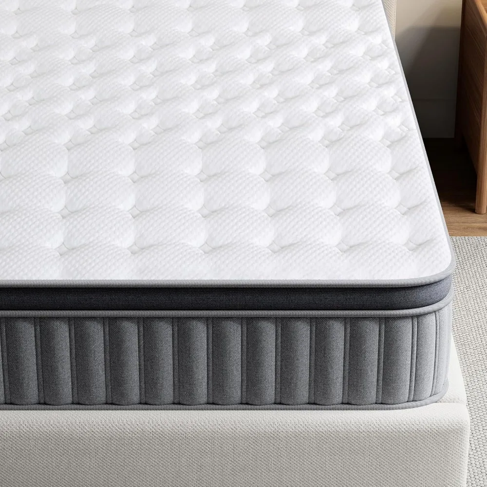 Colchón Queen, colchón híbrido con zona de espuma viscoelástica de gel de 12 pulgadas con funda de seda helada, resortes de bolsillo individuales con borde reforzado,