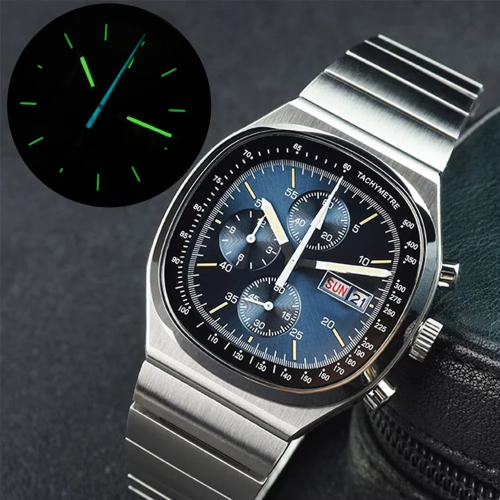 Hruodland Retro Quartz Chronograph Men Watches Sapphire Glass Stainless Steel Dress Wristwatch F-022 No Logo Reloj Hombre
