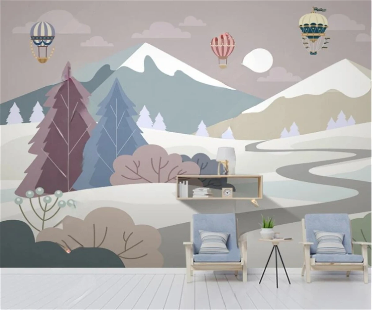 Custom wallpaper cartoon Snowy Mountain scenery balloon airplane children's room background wall painter house decoration murals