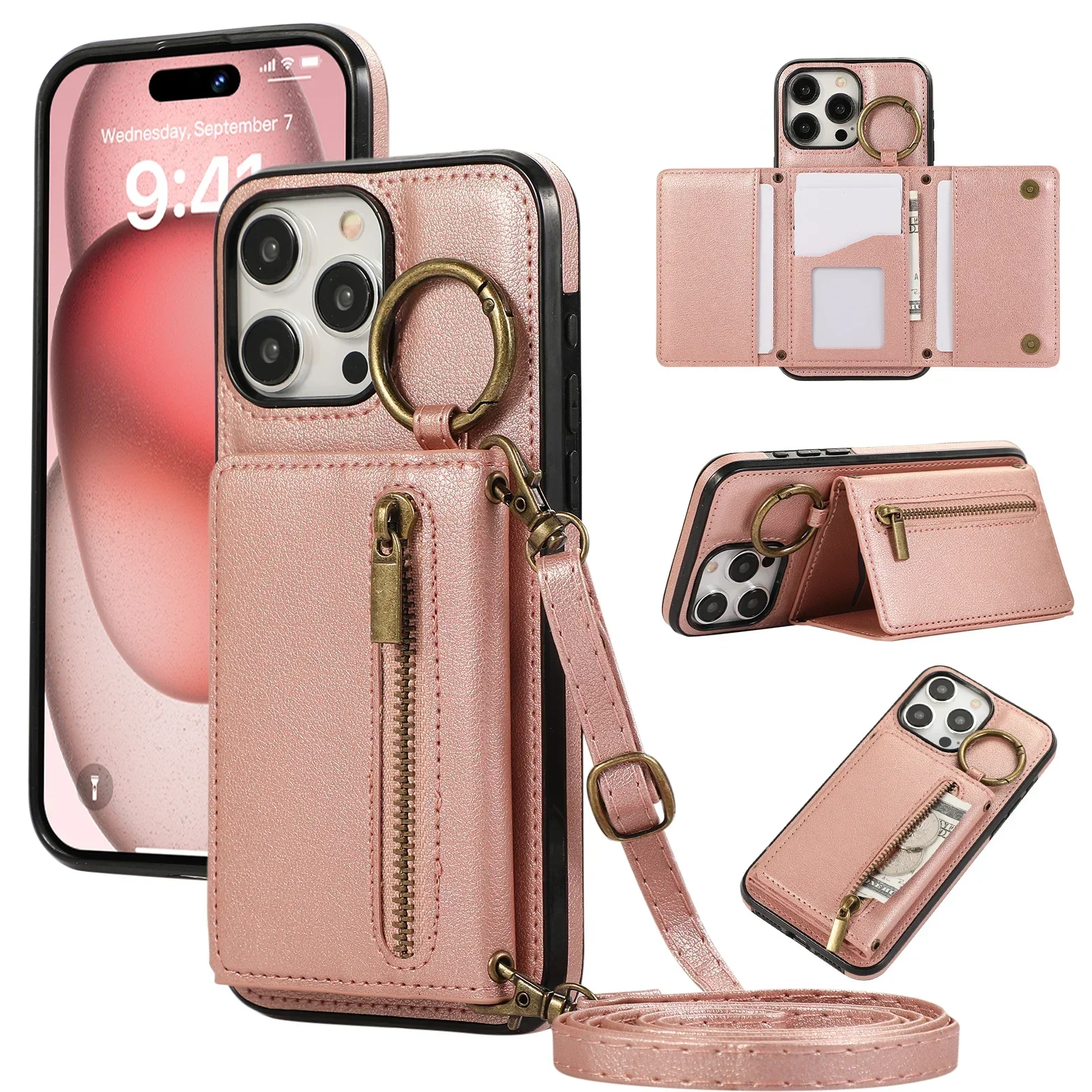 Crossbody Cards Solt Triple Wallet Leather Zipper Case For iPhone 15 16 Pro Max 14 Plus 13 12 11 XS XR SE2022 Ring Holder Cover