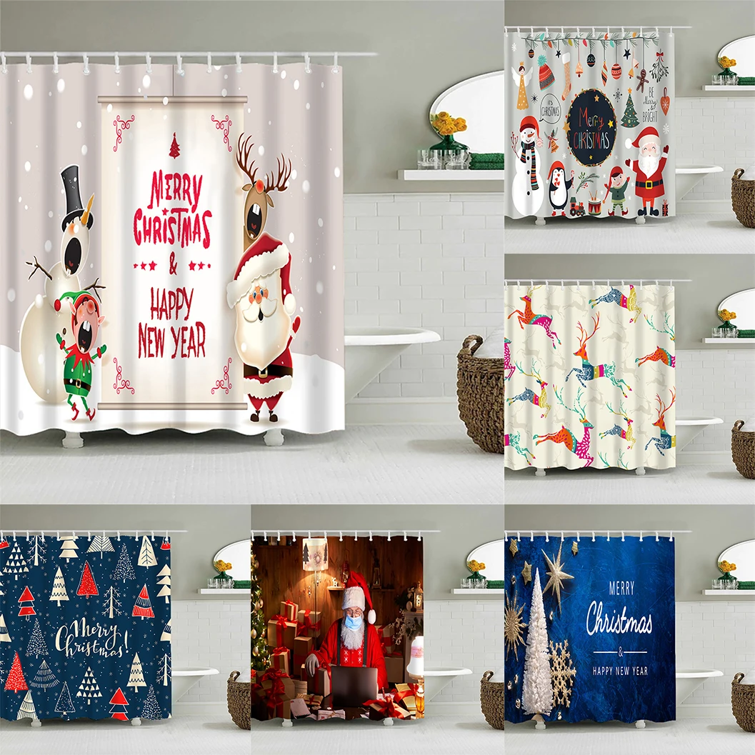 

Christmas Decor Shower Curtains 3D Santa Claus Snowman Elk Tree Bathtub Screen for Bathroom Waterproof Polyester Bath Curtain