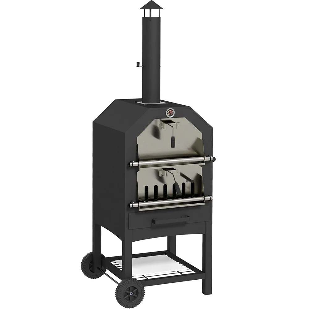

2-in-1 Outdoor Freestanding Pizza Oven BBQ Grill with Rain Cover, Chimney, Thermometer, Bottom Shelf Wheels for Party