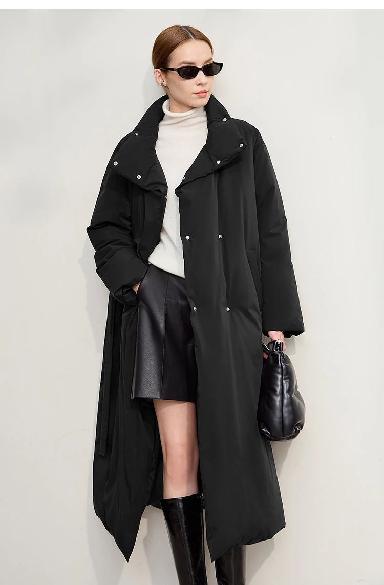 Amii Down Coats 2025 Winter New Solid Color Loose Long Women's Outerwear With Belt High Neck Thicken Warm Down Jacket 12544184