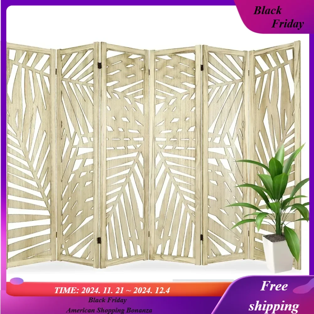 

6 Panel Palm Leaf Cutout Design Room Divider Screen,Freestanding Partition Room Dividers,Retro Leaf Pattern, Natural