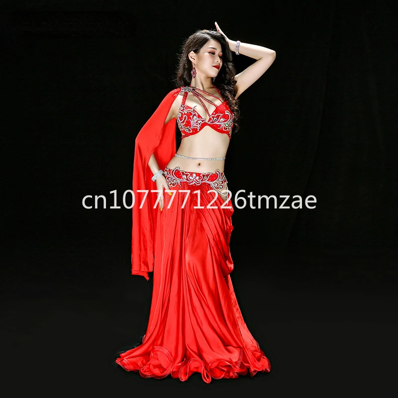 Red Belly Show Costume Handmade Long Sleeve Sleeve Red Luxury Women Oriental Dance Performance Costume