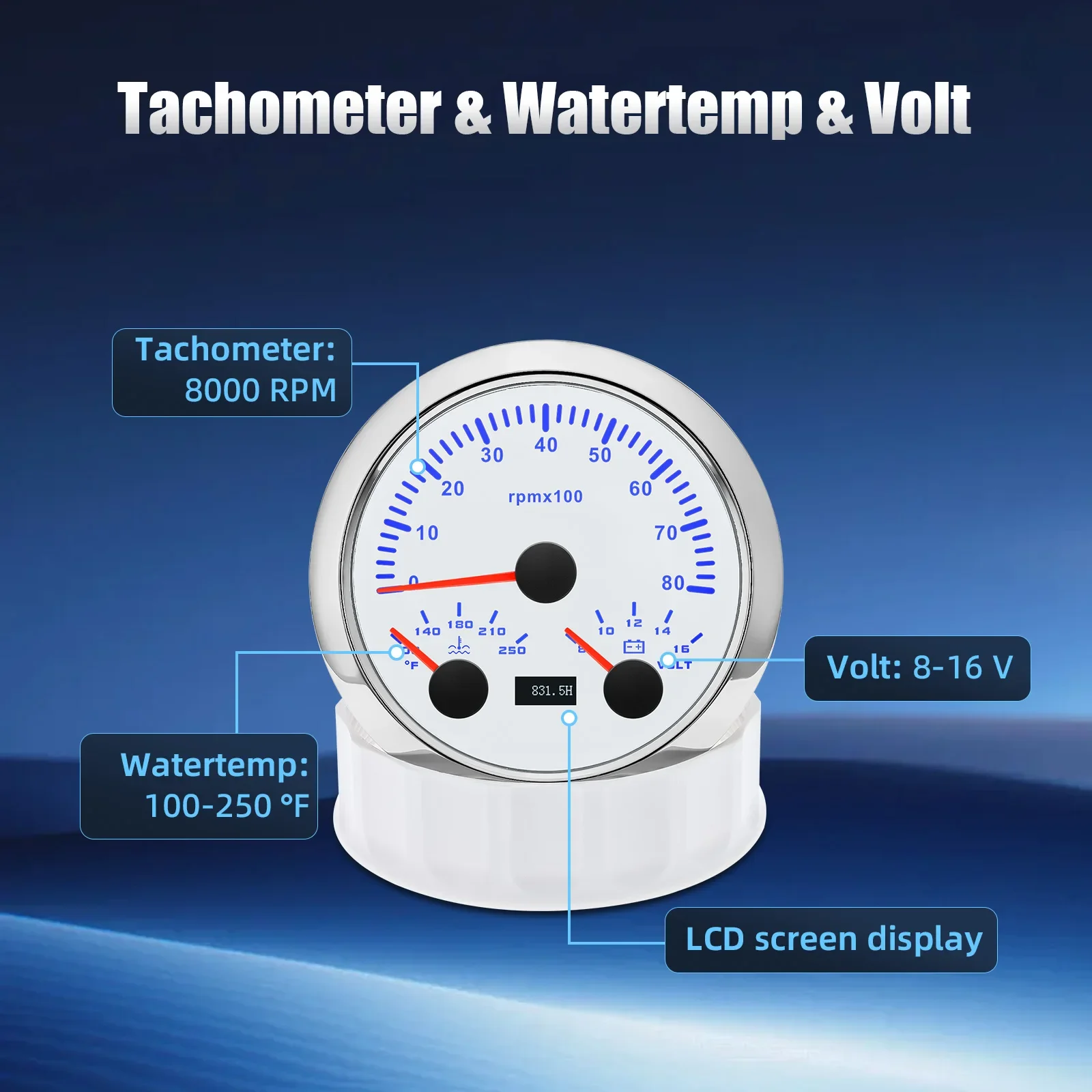 3 in 1 85MM Car Gauge 8K RPM Tachometer Water Temperature Voltmeter 8-16V 7 Colors Backlight for 12V Car Boat Marine Motorcycle