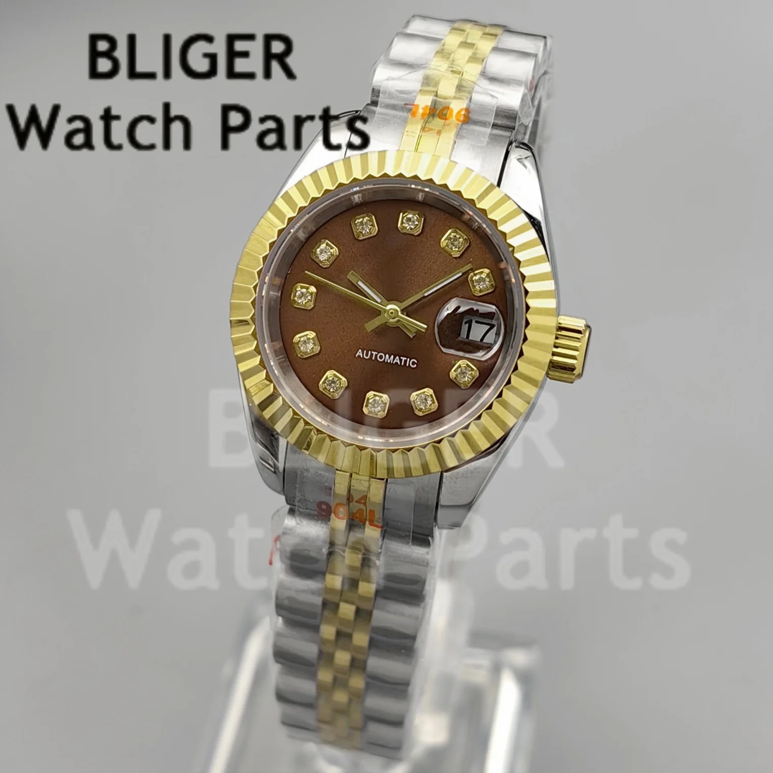 BLIGER 26mm 28mm Women's Mechanical Watch NH05 Movement Brown Diamond Dial Sapphire Glass Steel Bracelet Diving Watch For Ladies