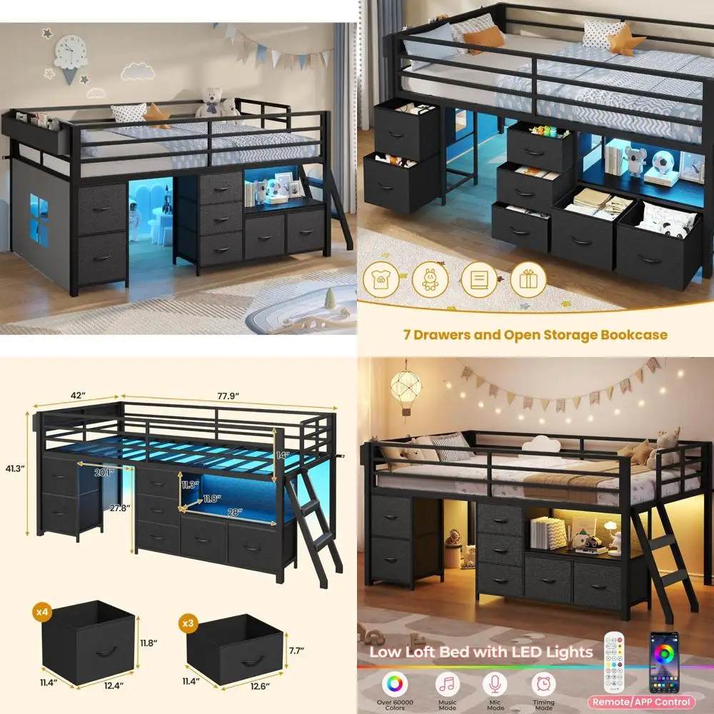 ADORNEVE Cama alta baja tamaño doble con 7 cajones de almacenamiento, estantería y luces LED, cama alta infantil de metal con barandilla de seguridad de 14 H,